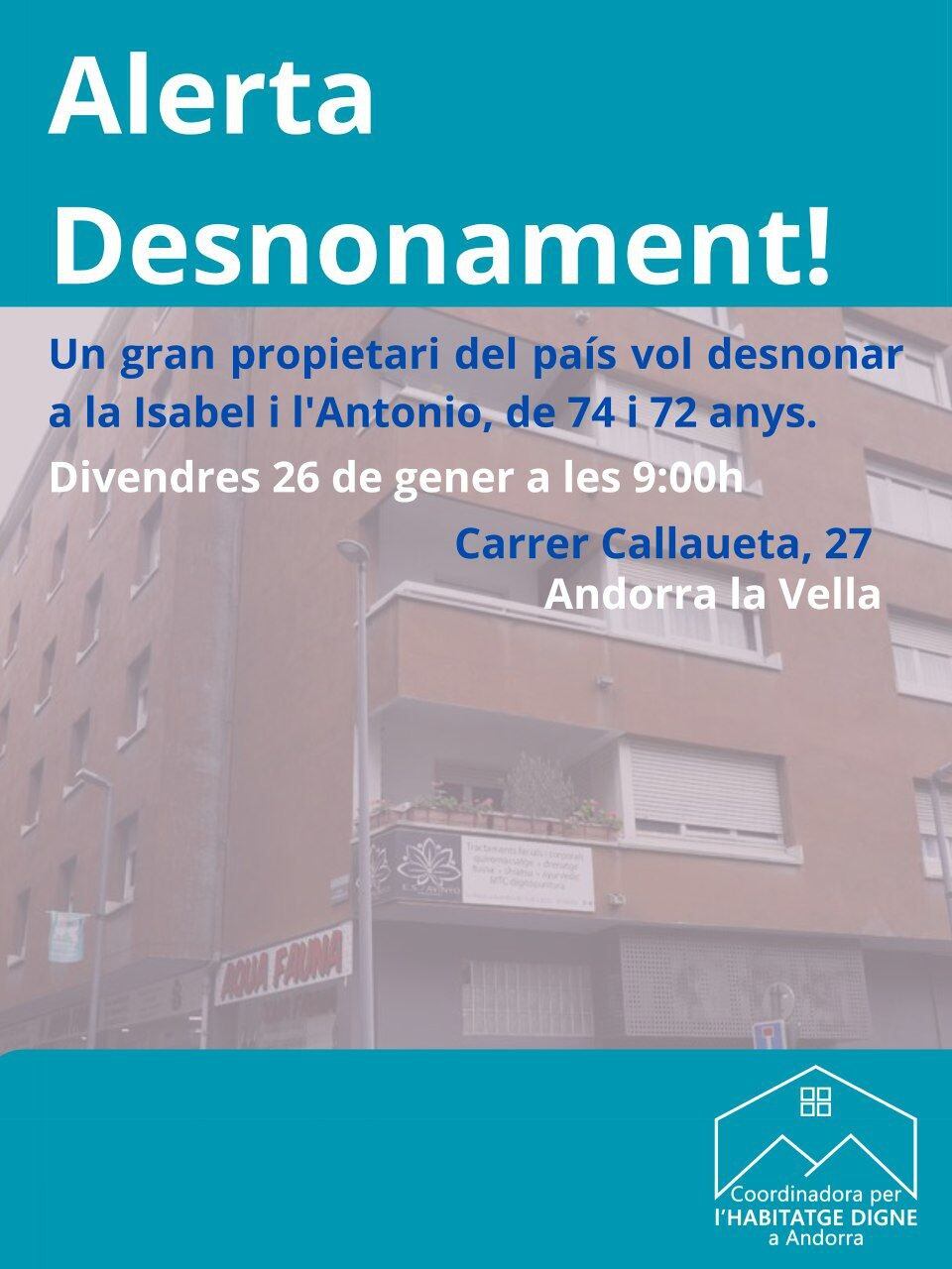 Cartell de la concentració convocada divendres contra el desnonament de dos padrins a Andorra la Vella.