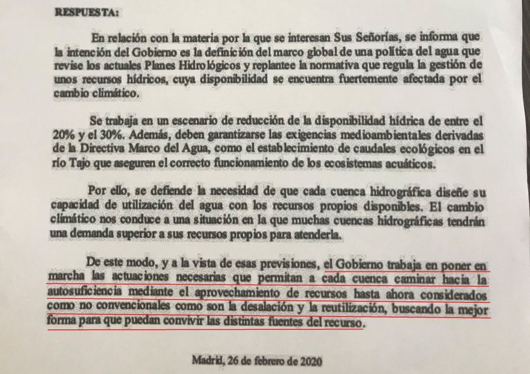 Esta es la respuesta parlamentaria del Gobierno de España al PP sobre el trasvase Tajo-Segura