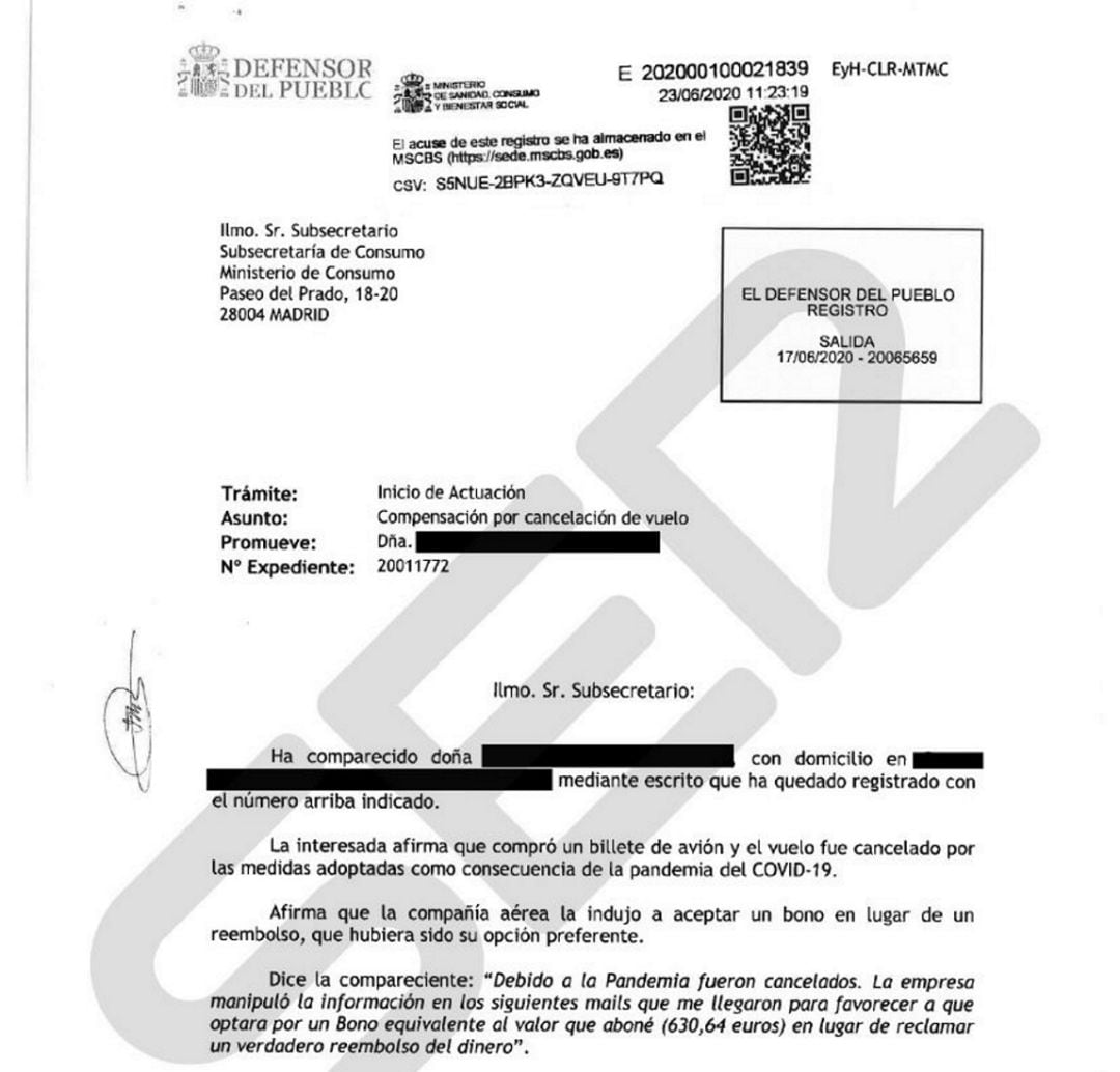 La carta de denuncia del Defensor del Pueblo al Gobierno sobre la negativa de las aerolíneas a devolver el dinero de los billetes no usados por culpa del COVID-19.