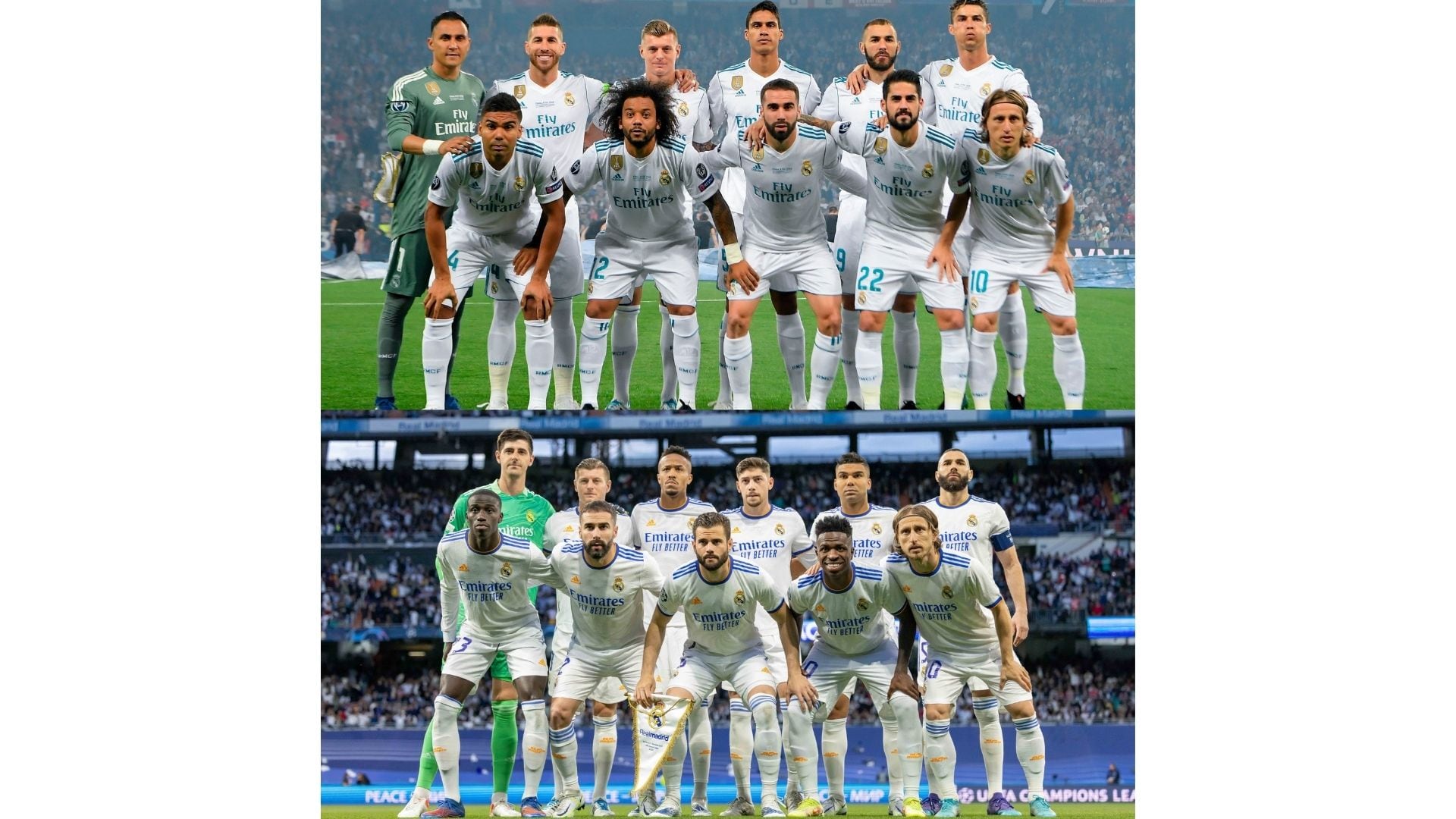 Arriba el equipo del Real Madrid en la final de Champions de 2018; abajo la última con la que jugaron en semifinales de este año