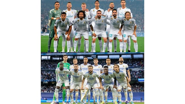 Arriba el equipo del Real Madrid en la final de Champions de 2018; abajo la última con la que jugaron en semifinales de este año
