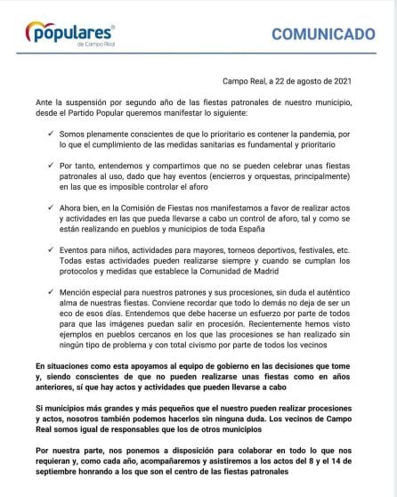 Comunicado del PP sobre la cancelación total de las Fiestas Patronales.