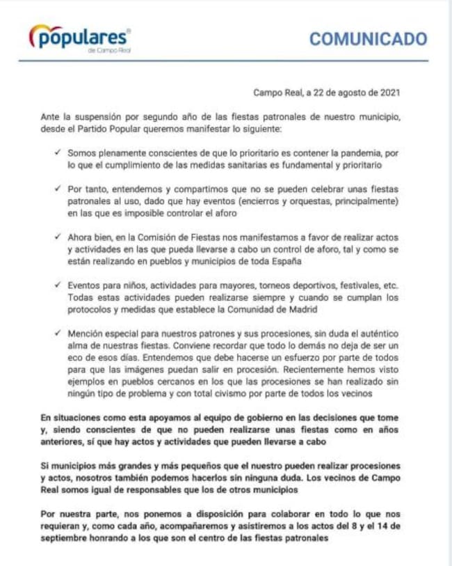 Comunicado del PP sobre la cancelación total de las Fiestas Patronales.