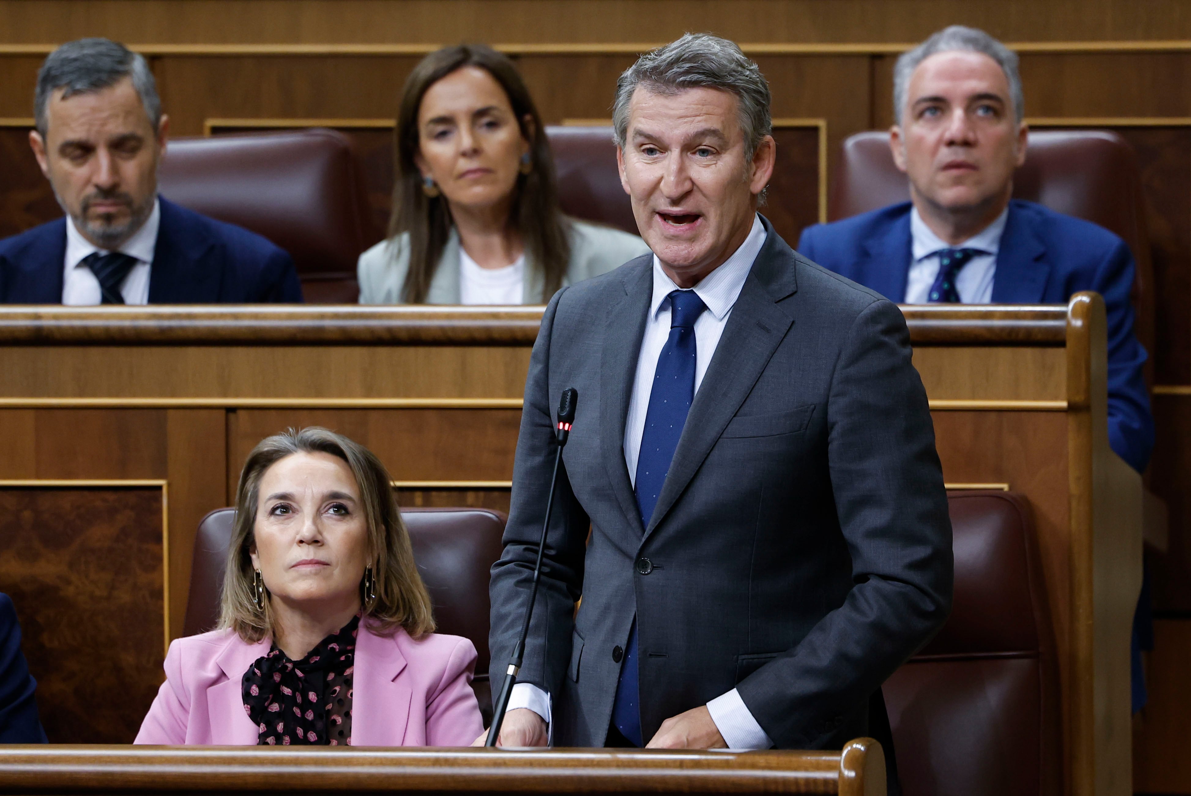 El presidente del PP, Alberto Núñez Feijóo, sin gafas durante su intervención en la sesión de control celebrada este miércoles en el Congreso