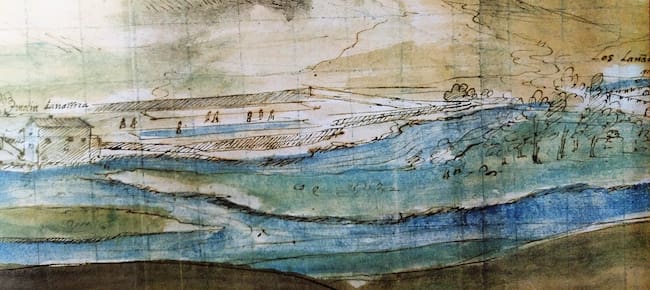 Detalle de un lavadero en la vista del oeste de Cuenca de Wyngaerde.