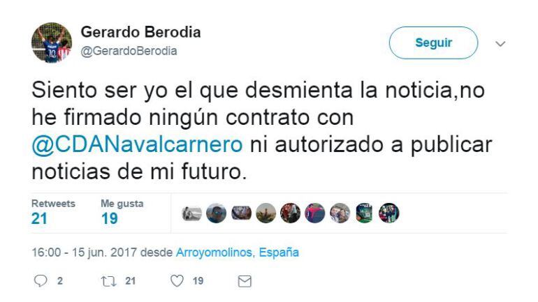 Berodia desmiente en Twitter su fichaje por el Navalcarnero, que había anunciado su llegada 