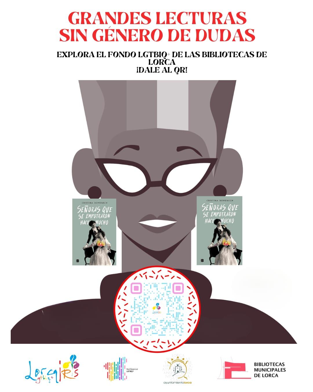 cartel con el lema “GRANDES LECTURAS SIN GÉNERO DE DUDAS”, acompañado de un código QR dinámico.