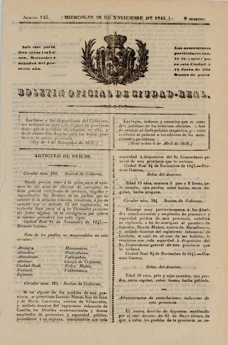 Portada del boletín Oficial de Ciudad Real ( 1845 )