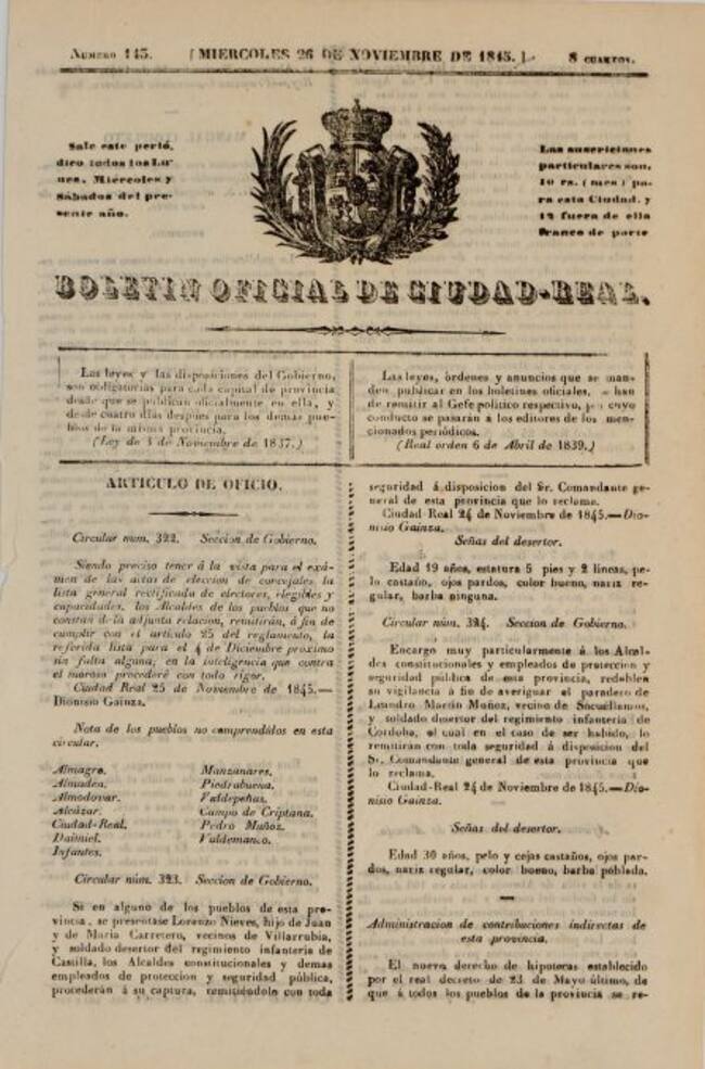 Portada del boletín Oficial de Ciudad Real ( 1845 )