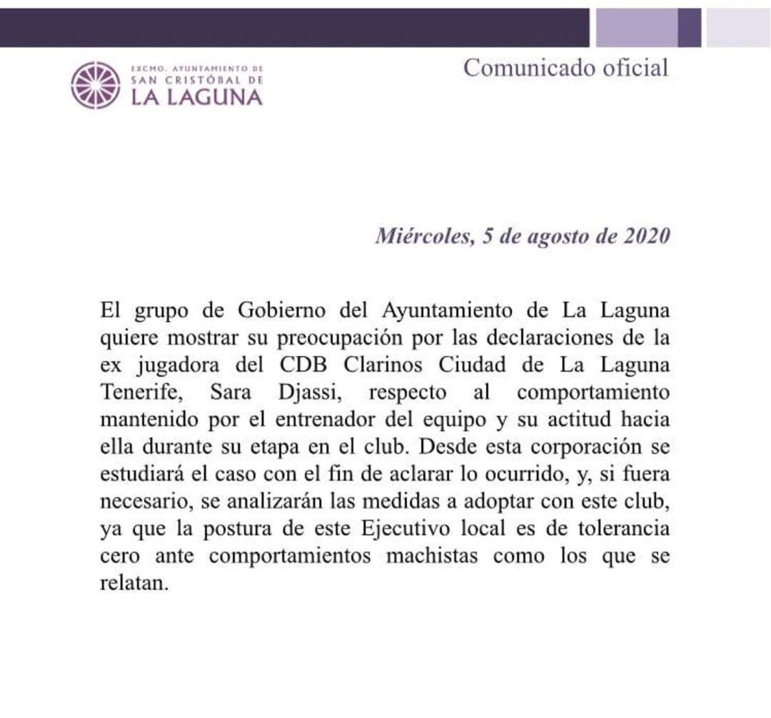 El consistorio lagunero muestra su preocupación por las declaraciones de Sara Djassi