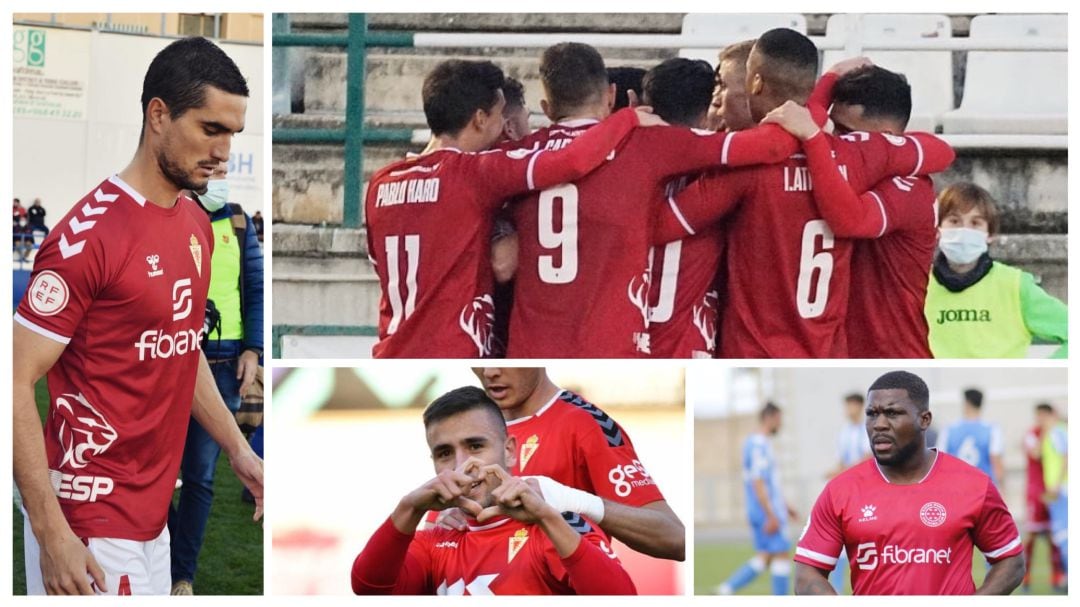 Iván Casado a la izquierda, el Real Murcia celebra un gol ante el Toledo arriba a la derecha, Jesús Carrillo la pasada temporada con el Murcia abajo a la izquierda y Royston Drenthe con el Racing Murcia abajo a la derecha