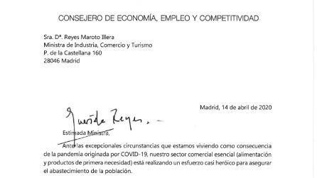 Consulta aquí la carta que ha escrito el consejero de Economía, Manuel Giménez, a la ministra de Industria, Comercio y Turismo, a la socialista Reyes Maroto, para pedirle equipos de protección individual -EPIs- para los comerciantes de la Comunidad de Madrid.