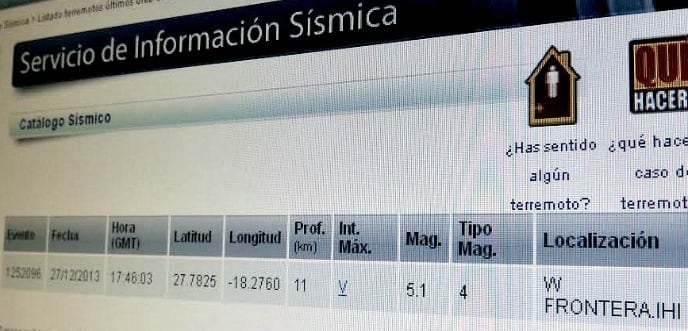 Captura del registro del IGN en el que aparece el seísmo de 5.1 grados en la escala de Richter