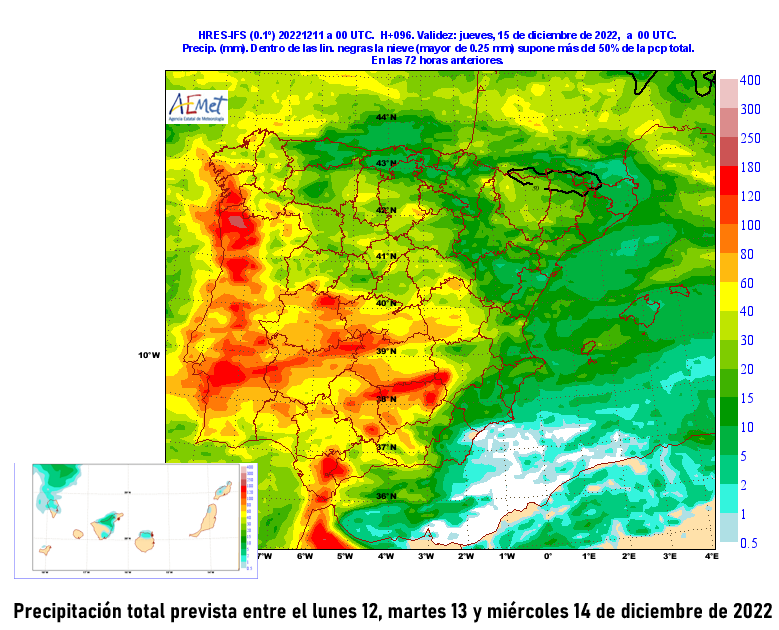 Lluvia prevista entre el lunes 12, martes 13 y miércoles 14 de diciembre.