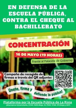 La plataforma por la escuela pública ha convocado una concentración el 16 de mayo en contra de la ayuda para todo el alumnado de Bachillerato en centros privados en La Rioja a partir del próximo curso académico.