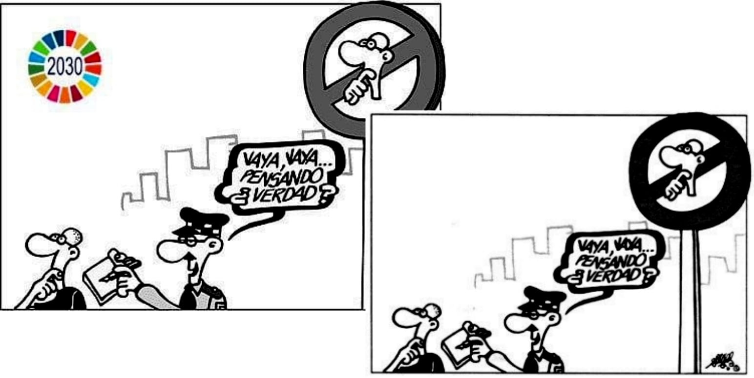 Viñeta alterada de Forges, publicada por José Ignacio Munilla en la red social X (i), junto a la obra original del artista gráfico (d)