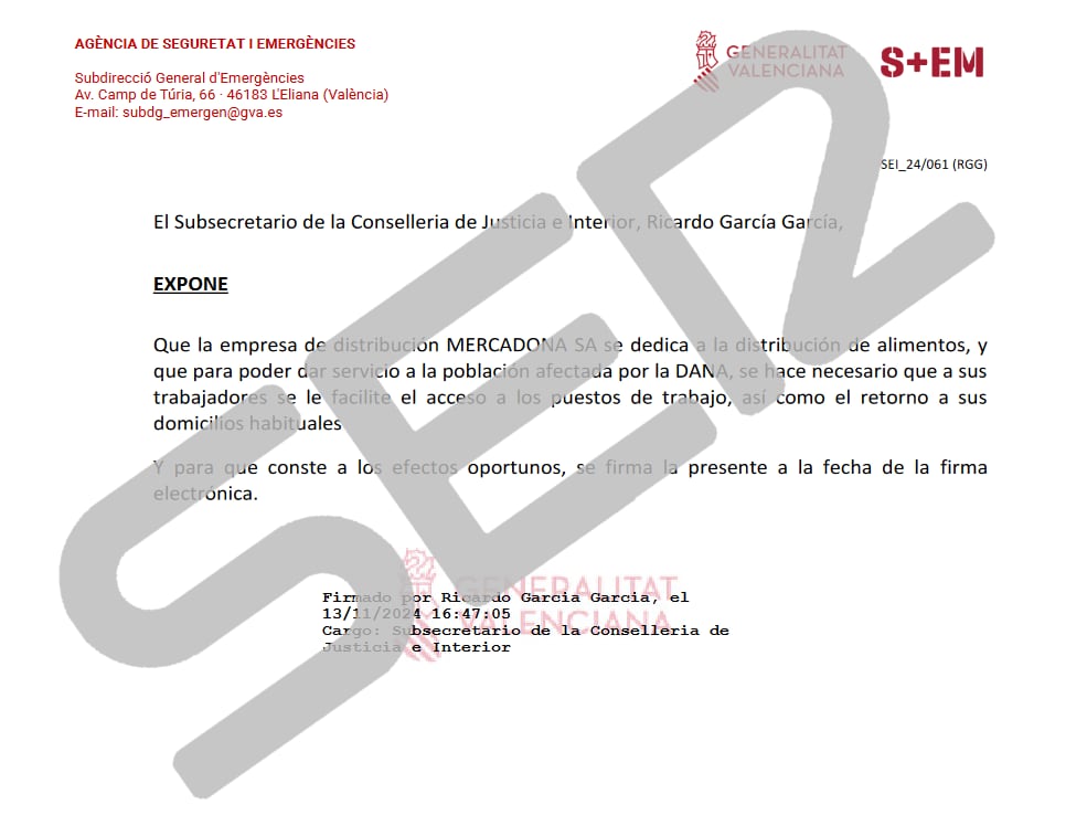 La Generalitat Valenciana emite cientos de salvoconductos para empleados de Mercadona, Consum, Aldi y Lidl, entre otros, que firma el subsecretario valenciano de Interior y Justicia, en los que se les autoriza a la circulación y al reparto incluso bajo alerta meteorológica roja o naranja.