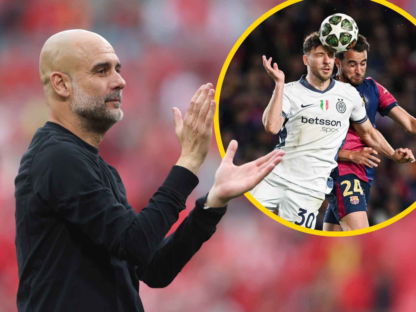 Pep Guardiola, junto a una imagen del Barça - Inter en Champions