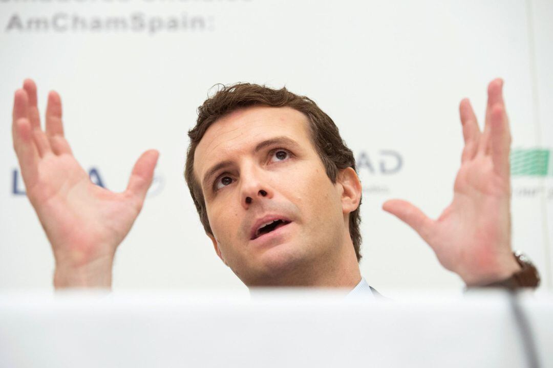  El presidente del Partido Popular Pablo Casado, durante su intervención en los Diálogos sobre competitvidad, productividad e internacionalización de la economía española.