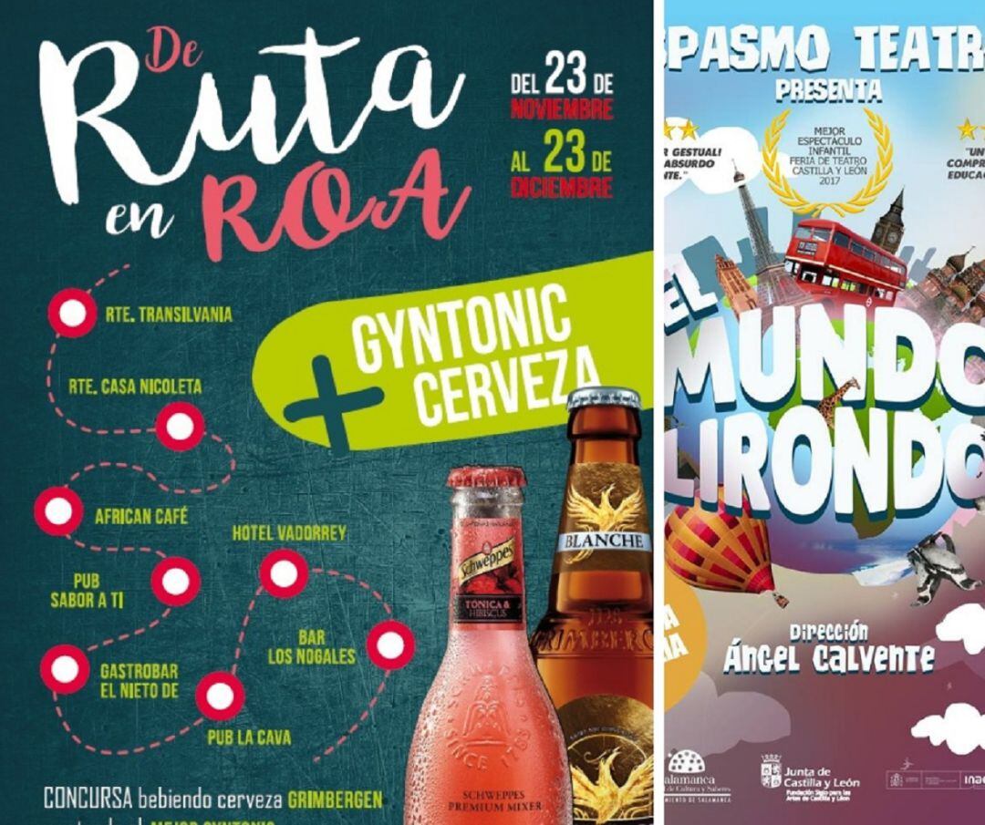 El cartel que promociona la ruta de Cerveza y Gin Tonic, &#039;De Ruta en Roa&#039; (i) y el de la obra de teatro &#039;El Mundo Lirondo&#039;.