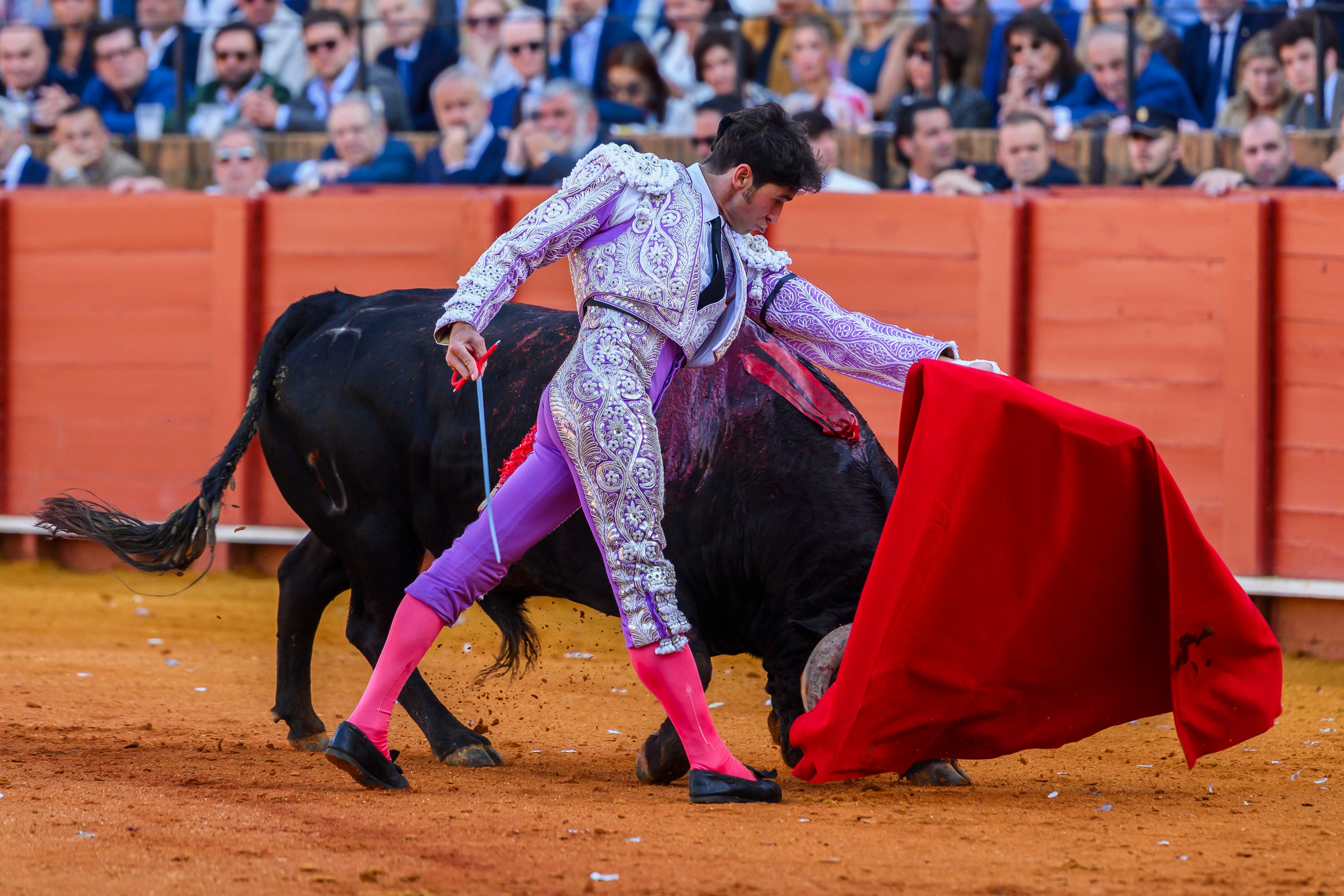 SEVILLA. 10/05/2025. - El diestro Cayetano da un pase a su primer toro durante la corrida en la Maestranza de Sevilla, en la que comparte cartel con los diestros Roca Rey, y el onubense David de Miranda, este sábado en Sevilla. EFE/ Raúl Caro.
