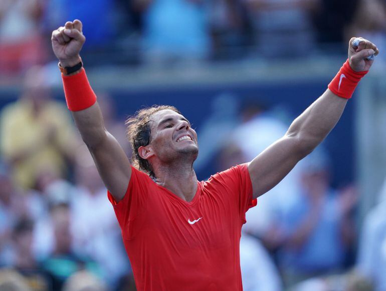 Aug 12, 2018; Toronto, Ontario, Canada; Rafael Nadal (ESP ) reacts after defeating Stefanos Tsitsipas (not pictured) during the championship in the Rogers Cup tennis tournament at Aviva Centre. Mandatory Credit: John E. Sokolowski-USA TODAY Sports