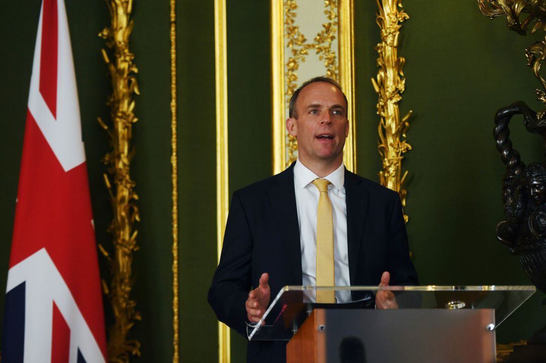 21 July 2020, England, London: UK Foreign Secretary Dominic Raab speaks during a joint press conference with his US counterpart Mike Pompeo (Not Pictured) following their meeting at Lancaster House.