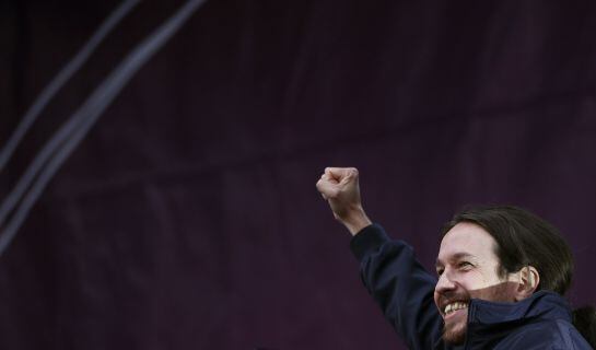 Pablo Iglesias, leader of Spain&#039;s party &quot;Podemos&quot; (We Can), gestures before addressing the crowd during a rally called by Podemos, at Madrid&#039;s Puerta del Sol landmark January 31, 2015. Tens of thousands marched in Madrid on Saturday in the biggest show of