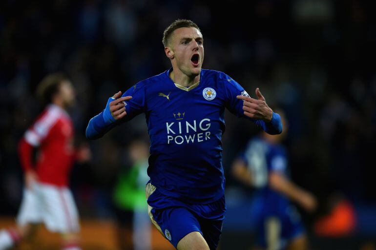 Vardy celebra su gol récord ante el Manchester United