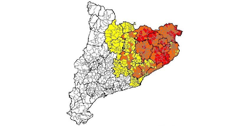 El mapa de risc de pluges a partir de les 12:00 indica que els problemes se centraran a les comarques de Girona