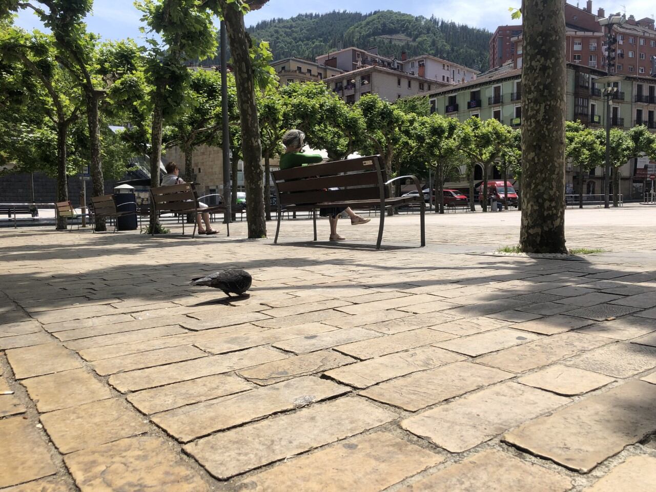 Imagen de la plaza de Unzaga bajo el sol de primavera