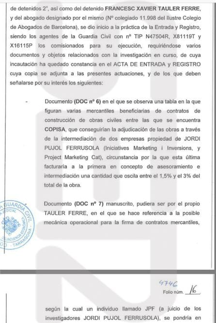 El sumario del caso incluye facturas que la empresa COPISA, una de las mayores beneficiadas por obra pública en Cataluña, pagó a dos empresas de Jordi Pujol Ferrusola