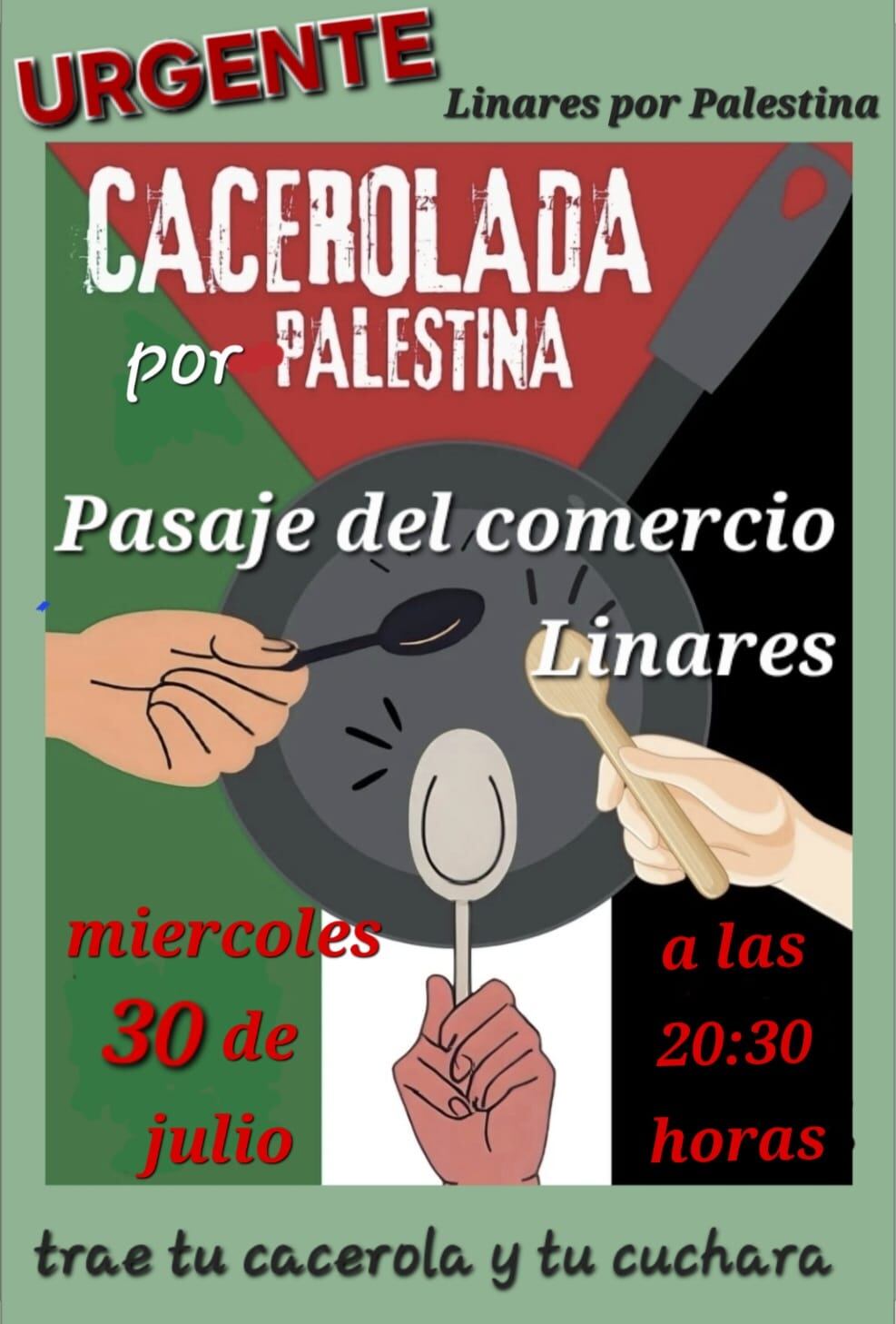 Cartel de la Cacerolada convocada por la plataforma "Linares por Palestina"
