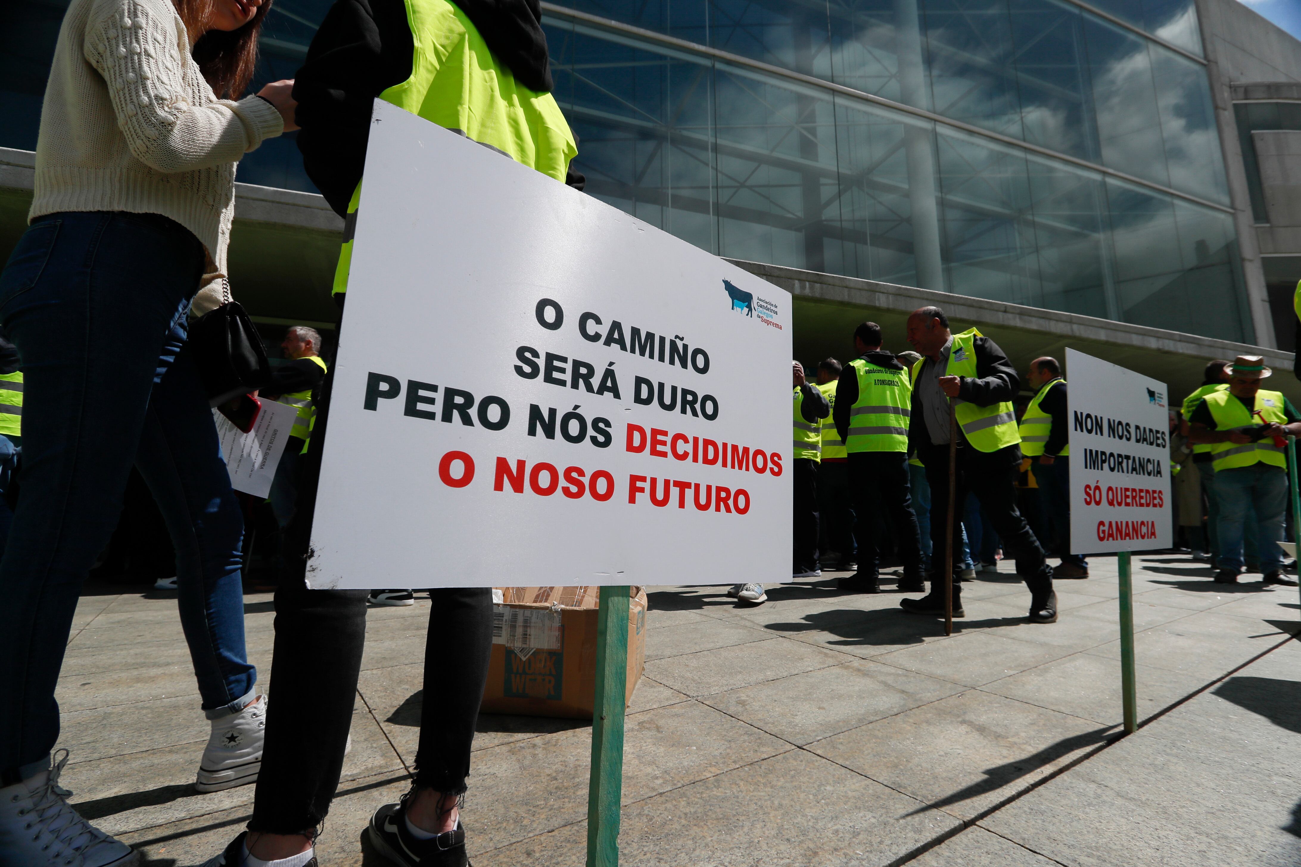 GRAF626. LUGO, 15/05/2023.- Ganaderos de carne convocados por  Gandeiros Galegos da Suprema, permanecen concentrados este lunes ante la Xunta en Lugo. El presidente de Gandeiros Galegos da Suprema, Santiago Rego, ha informado a EFE de que este mediodía, a partir de las 12:30 horas, mantendrán una reunión con el conselleiro de Medio Rural, José González, para buscar una salida que ponga fin a la protesta de los ganaderos de carne. EFE/ Eliseo Trigo
