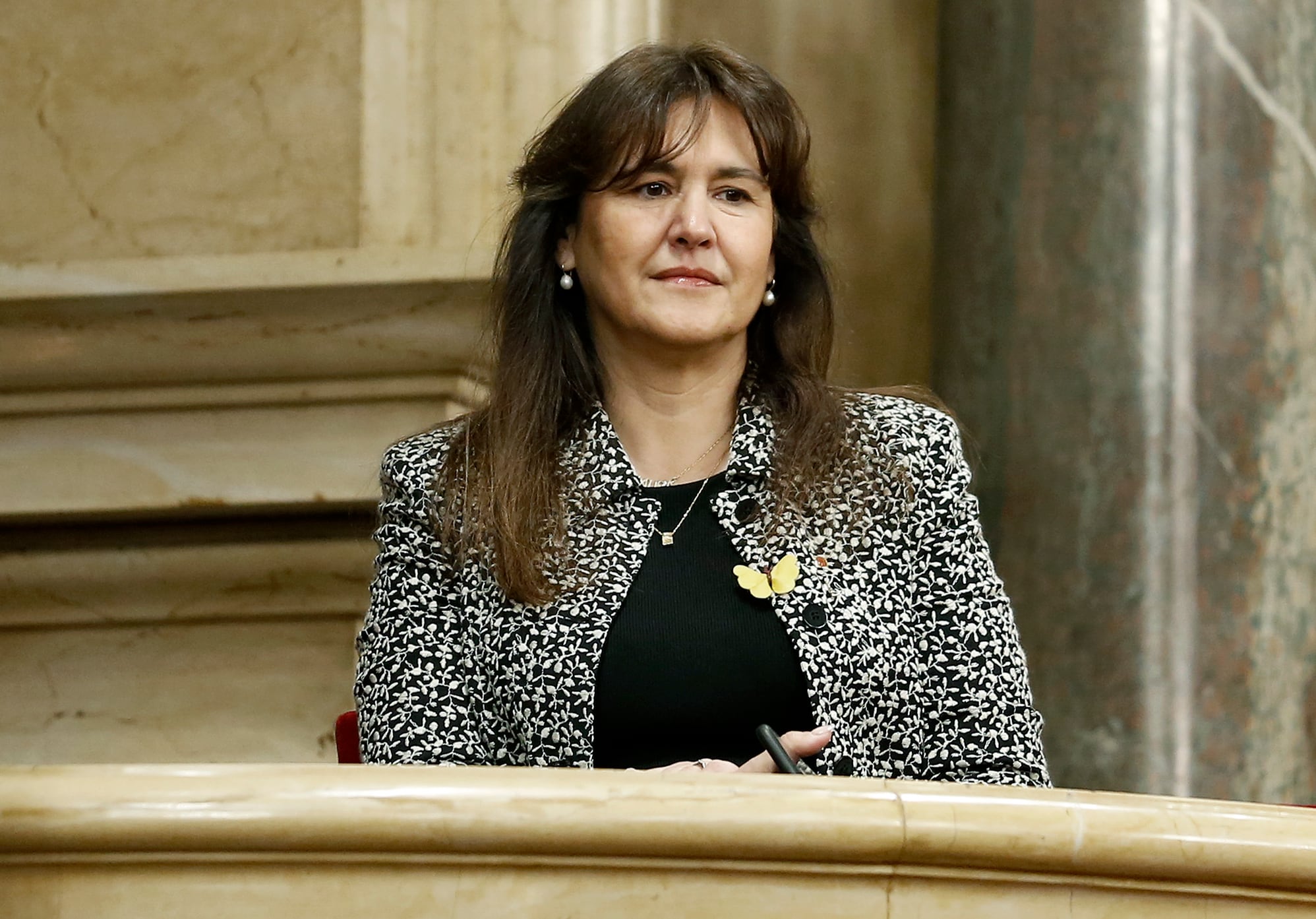 La ex presidenta del Parlament Laura Borràs en la tribuna de invitados durante el pleno de sesión de control al gobierno catalán que se ha celebrado este miércoles en el Parlament de Cataluña.