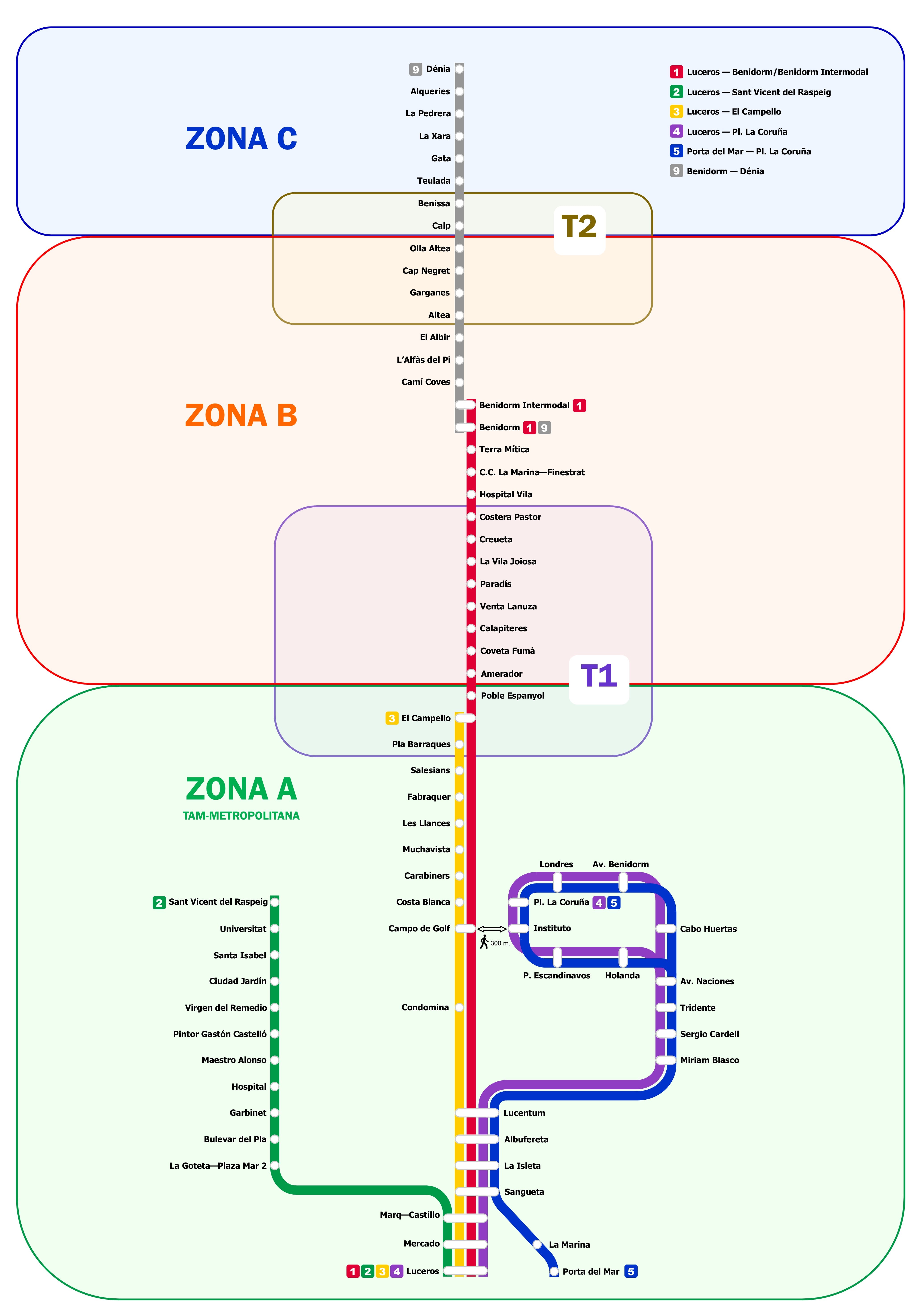 Propuesta de las tres nuevas zonas tarifarias en TRAM Alicante