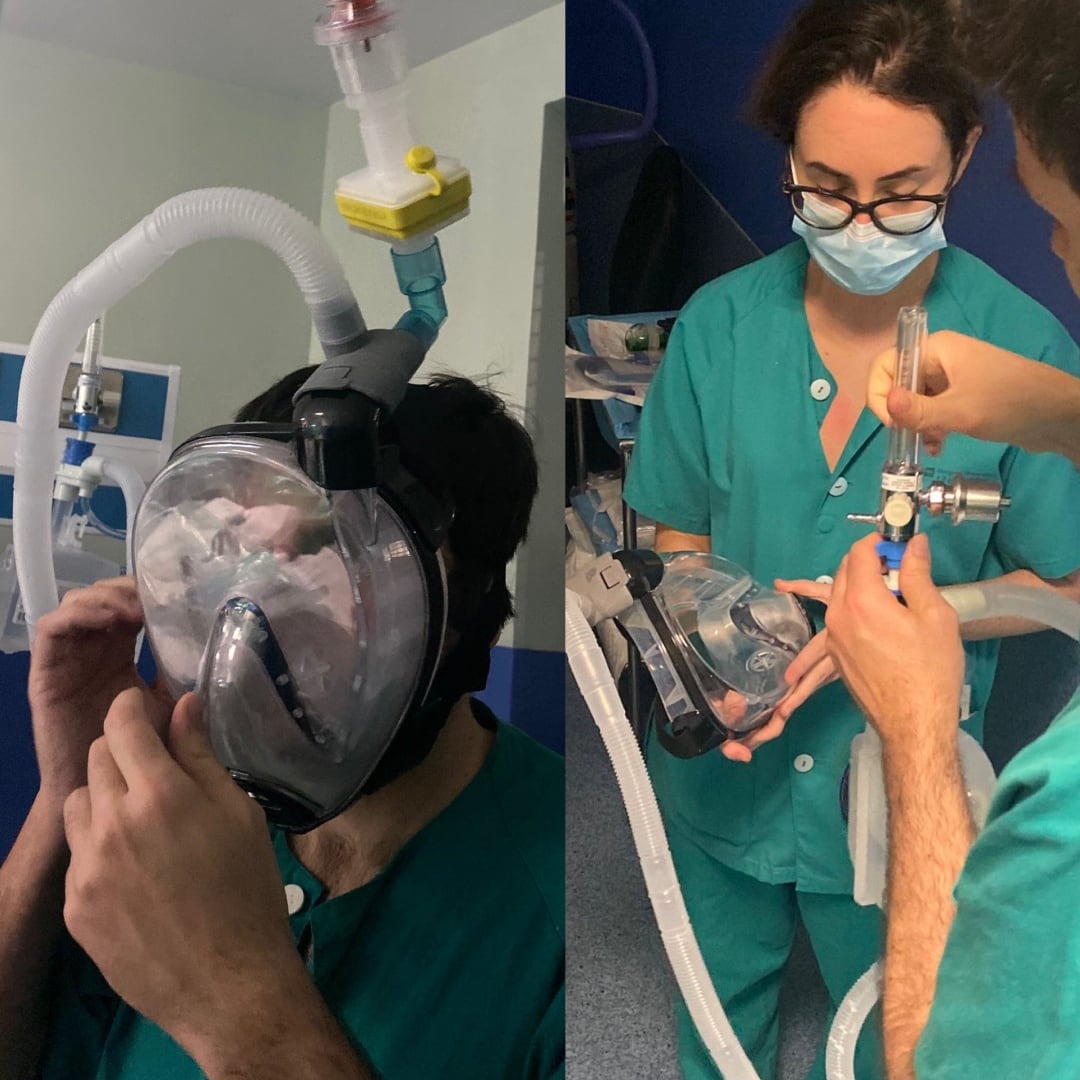 Médicos probando las máscaras de snorkel