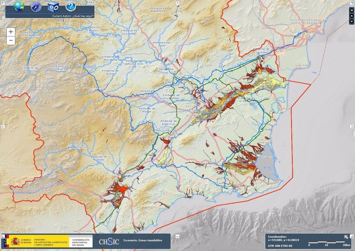 Mapa de las zonas inundables de la Región de Murcia