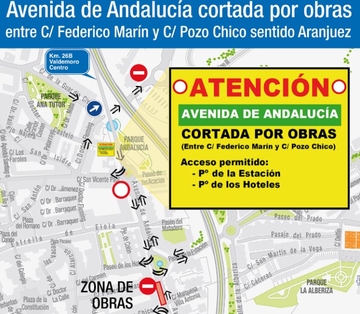 Cartel municipal de Valdemoro de corte de tráfico en la avenida de Andalucía.