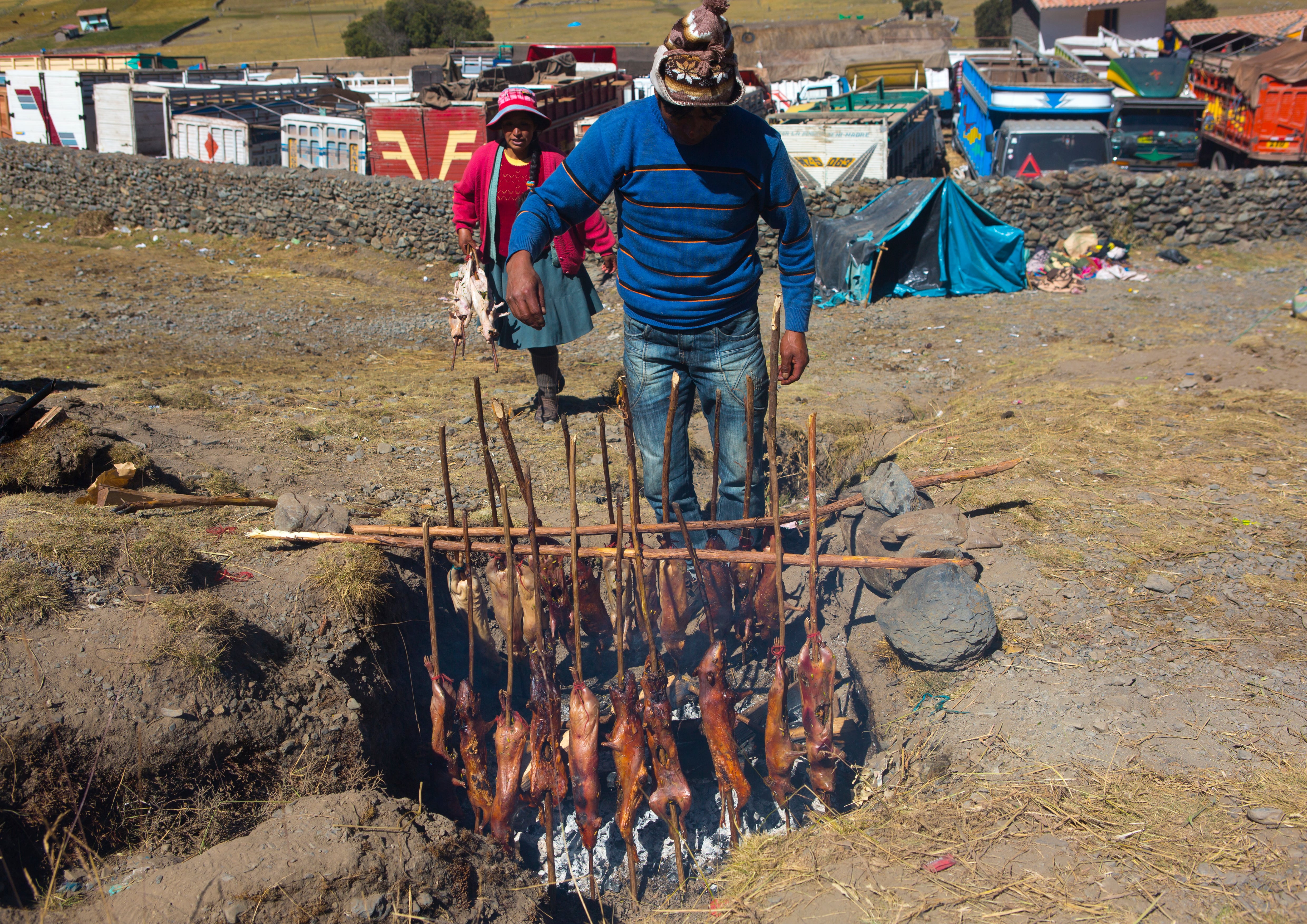 Un hombre cocinando cuyes en Perú