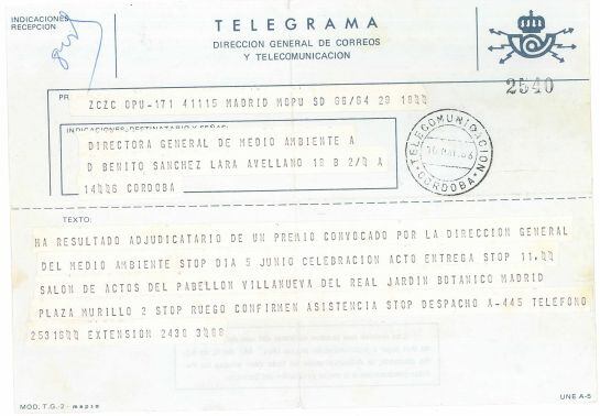 Telegrama anunciando la concesión del Premio Nacional de Medio Ambiente al programa Naturaleza Viva de Radio Córdoba