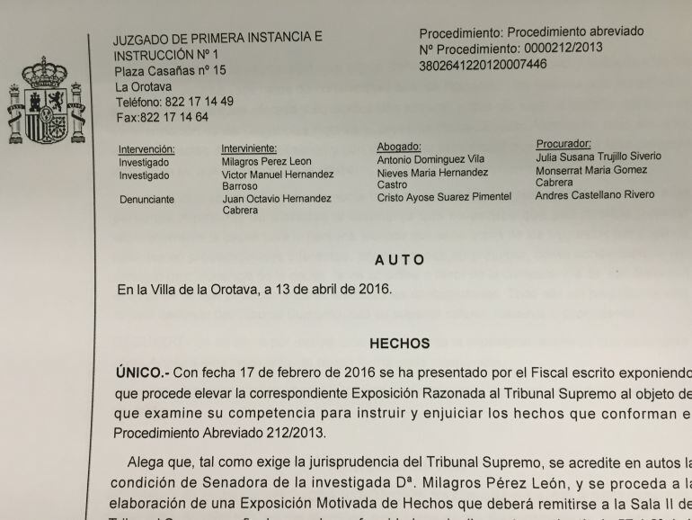 Auto judicial en el que se eleva la causa por prevaricación de Milagros Pérez al Tribunal Supremo. 