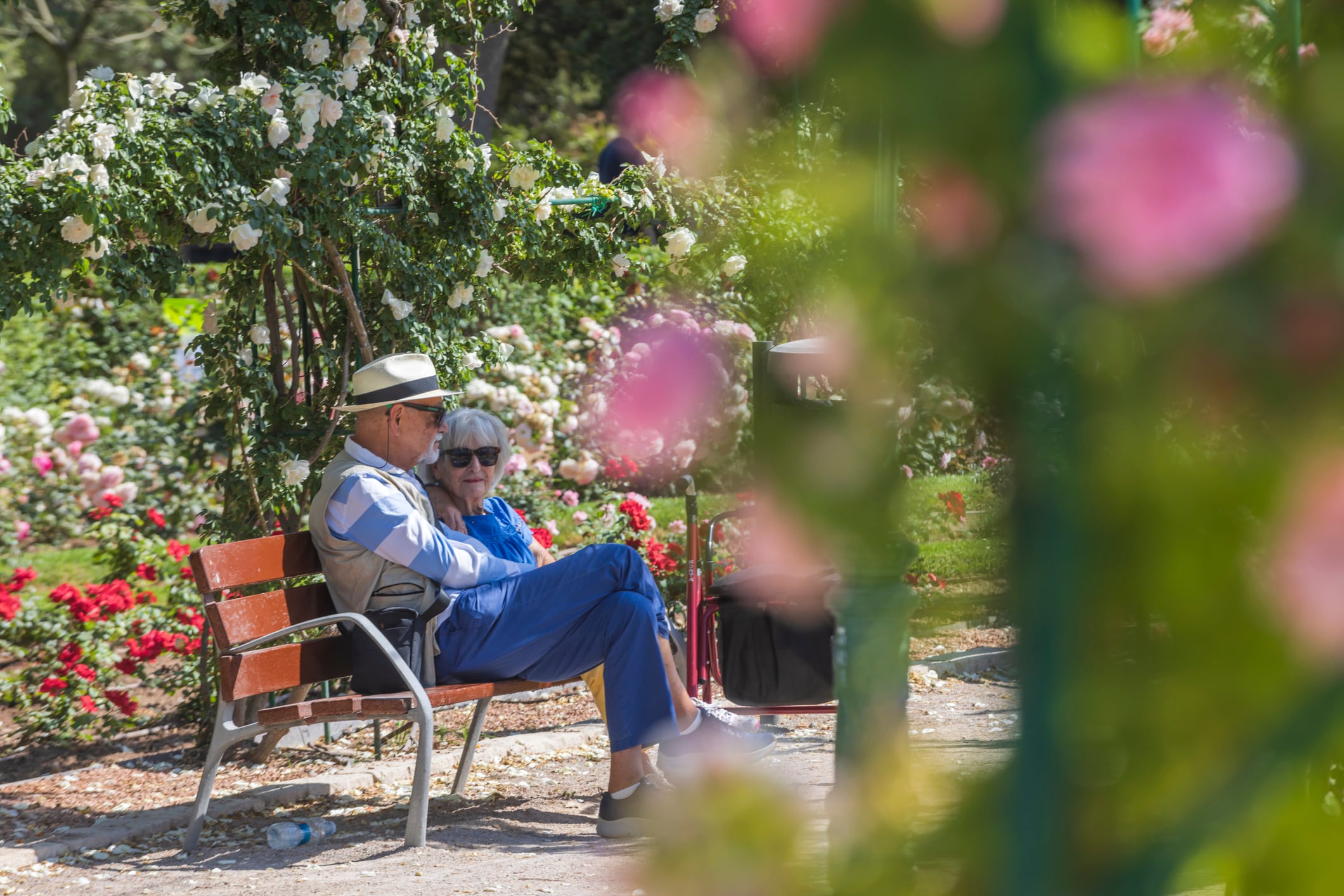 Una pareja sentada en un banco en un parque de Valencia