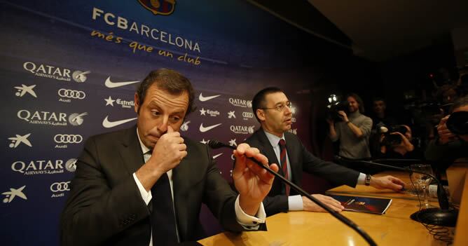 El presidente del FC Barcelona, Sandro Rosell , durante la rueda de prensa que ofreció en las instalaciones del club en la comunicó que ha presentado la dimisión irrevocable en una reunión de urgencia con directivos en el Camp Nou y en la que anunció que 