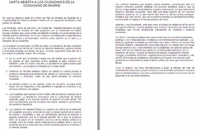 Esta es la carta que los 576 Jefes de Servicio Hospitalarios han escrito a la ciudadanía alertándoles del riesgo de privatizar la sanidad