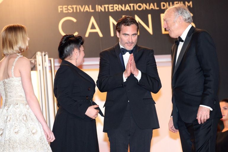 Ekaterina Samsonov, director Lynne Ramsay, Joaquin Phoenix, John Doman attend the &quot;You Were Never Really Here&quot; screening during the 70th annual Cannes Film Festival at Palais des Festivals on May 