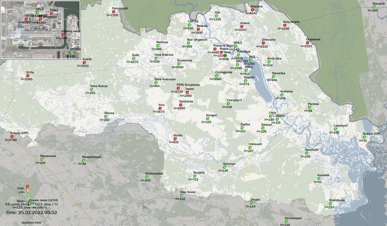 Niveles de radiación (en nanoSv/h) en las diferentes estaciones de medición distribuidas en la Zona de Exclusión de Chernóbil, Ucrania, a la 5:32AM del 25 de febrero de 2022.