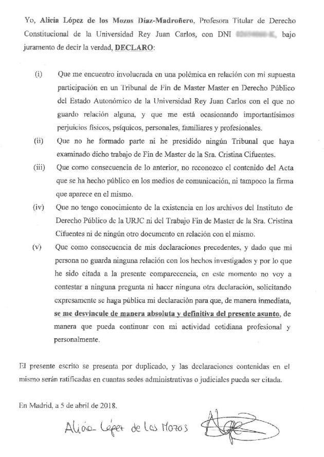 Declaración jurada de Alicia López de los Mozos (amplía la imagen para ver el texto completo)