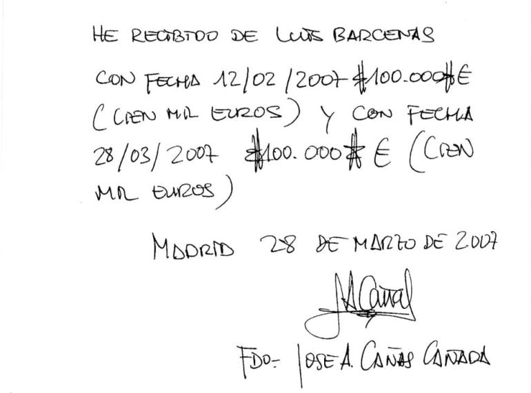 Documento con el &quot;recibí&quot; sobre la presunta comisión entregada al PP de Castilla La Mancha