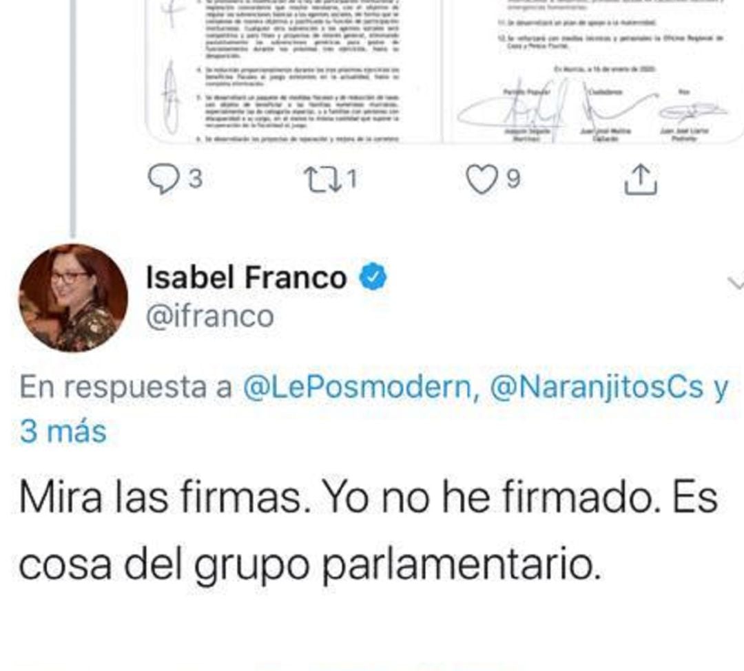 Isabel Franco responde en redes a las críticas sobre la postura de Ciudadanos con la implantación del &#039;pin parental&#039; en la Región de Murcia, una petición de la ultraderecha